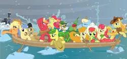 Size: 8000x3750 | Tagged: safe, artist:cheshiretwilight, derpibooru import, apple bloom, apple bumpkin, apple cider (character), apple fritter, apple strudel, applejack, big macintosh, braeburn, caramel apple, golden delicious, granny smith, peachy sweet, red delicious, earth pony, pony, american revolution, apple family, apple family member, background pony, boat, crossing the delaware, female, filly, ice, male, mare, parody, rowing, stallion