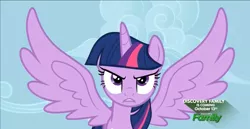 Size: 1366x703 | Tagged: safe, derpibooru import, screencap, twilight sparkle, twilight sparkle (alicorn), alicorn, pony, princess twilight sparkle (episode), discovery family, discovery family logo, female, logo, mare, spread wings, wings, youtube link