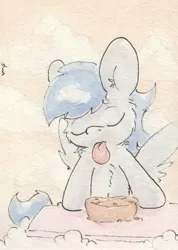 Size: 679x952 | Tagged: safe, artist:slightlyshade, derpibooru import, soarin', pegasus, pony, apple, apple pie, chest fluff, cloud, cloudy, eyes closed, food, pie, solo, that pony sure does love pies, tongue out, traditional art