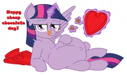 Size: 1280x763 | Tagged: suggestive, artist:adlaz, derpibooru import, twilight sparkle, twilight sparkle (alicorn), alicorn, pony, belly, chocolate, female, food, holiday, licking, licking lips, mare, stuffing, tongue out, valentine's day