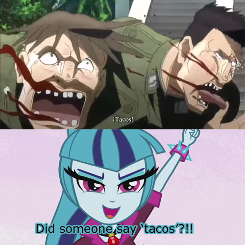 Size: 500x500 | Tagged: safe, artist:combatkaiser, derpibooru import, screencap, sonata dusk, equestria girls, rainbow rocks, battle tendency, caption, food, german, image macro, jojo's bizarre adventure, meme, photomanipulation, sonataco, taco, text, that girl sure loves tacos