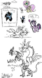 Size: 1407x2614 | Tagged: angel bunny, arrow, artist:another-story-2tell, bow and arrow, bow (weapon), derpibooru import, discord, fluttershy, magic, oc, safe, sketch, sketch dump, staff, twilight sparkle, weapon