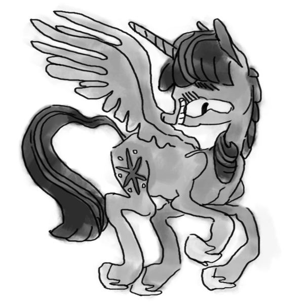 Size: 1280x1280 | Tagged: safe, artist:sterfler, deleted from derpibooru, derpibooru import, twilight sparkle, twilight sparkle (alicorn), alicorn, pony, female, mare, monochrome, solo