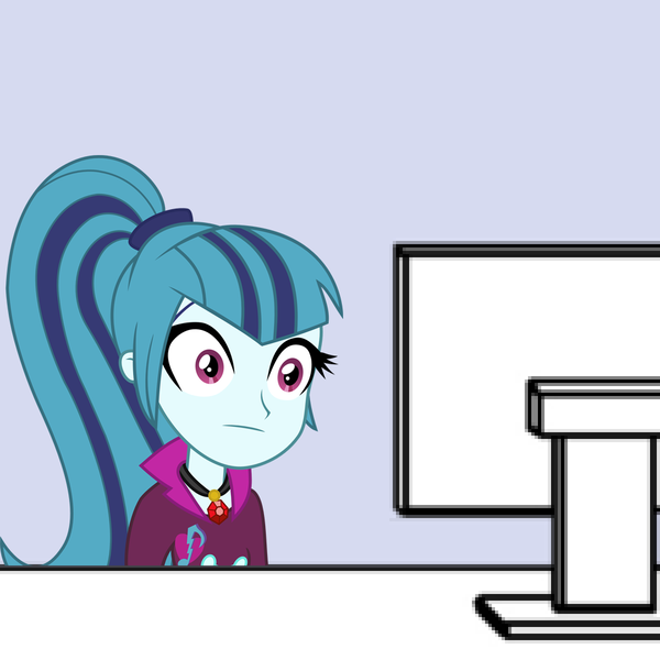 Size: 1000x1000 | Tagged: safe, derpibooru import, sonata dusk, equestria girls, rainbow rocks, :|, computer, desk, disturbed, i've seen some shit, reaction image, solo, stare, starenata, thousand yard stare, wide eyes