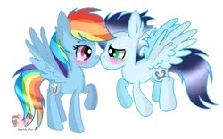 Size: 1024x637 | Tagged: safe, artist:sparkle-bliss, derpibooru import, rainbow dash, soarin', blushing, female, male, shipping, simple background, soarindash, straight, transparent background