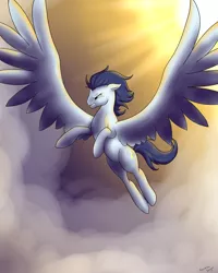 Size: 4000x5000 | Tagged: safe, artist:azarathedragon, derpibooru import, soarin', pegasus, pony, angry, cloud, flying, large wings, male, old cutie mark, solo, stallion, sun, wings