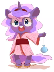 Size: 940x1260 | Tagged: anthro, artist:sion, blushing, clothes, cute, derpibooru import, happy, japan, kimono (clothing), open mouth, princess luna, safe, sandals, smiling, solo, water balloon