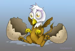 Size: 968x657 | Tagged: safe, artist:susiebeeca, derpibooru import, gilda, gryphon, birth, chickub, cute, egg, egg shells, gildadorable, li'l gilda, newborn, wide eyes, younger