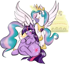 Size: 2267x2011 | Tagged: safe, artist:mad'n evil, derpibooru import, princess celestia, twilight sparkle, twilight sparkle (alicorn), alicorn, pony, belly, blushing, cake, cellulight, chubby, donut, fat, feeder, feeding, female, flank, food, lesbian, magic, obese, shipping, spread wings, strawberries, telekinesis, thighlight sparkle, thunder thighs, twilard sparkle, twilestia, weight gain, wings