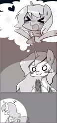 Size: 560x1209 | Tagged: ><, artist:gyaheung, blushing, cewestia, clothes, derpibooru import, eyes closed, female, filly, heart, knitting, monochrome, princess celestia, princess luna, safe, scarf, sweat, thought bubble, woona, xd, younger