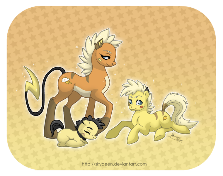 Size: 3000x2365 | Tagged: safe, artist:almairis, derpibooru import, ponified, pichu, pikachu, pony, raichu, abstract background, colt, evolution chart, family, female, foal, male, mare, mother and child, mother and son, pokémon, ponymon, simple background, yellow background