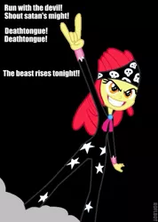 Size: 409x576 | Tagged: safe, artist:poniiandii, derpibooru import, apple bloom, equestria girls, rainbow rocks, bloom county, caption, clothes, devil horn (gesture), image macro, meme, satanism, show stopper outfits, solo, text