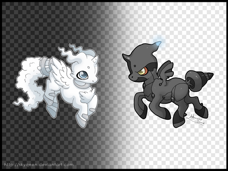 Size: 2922x2194 | Tagged: safe, artist:almairis, derpibooru import, ponified, pony, reshiram, zekrom, abstract background, checkered background, duo, gradient background, legendary pokémon, pokémon, ponymon, simple background, transparent background