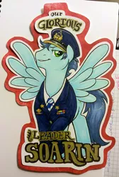 Size: 603x900 | Tagged: artist:onnanoko, badge, con badge, derpibooru import, old cutie mark, safe, soarin', solo, traditional art, tyrant