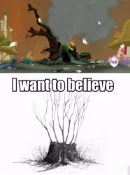 Size: 715x960 | Tagged: caption, derpibooru import, destruction, drama, golden oaks library, hopeful, image macro, i want to believe, library, meme, oak, regrowth, safe, sapling, shoots, text, tree stump, twilight's kingdom