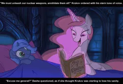 Size: 1078x739 | Tagged: semi-grimdark, artist:jowybean, derpibooru import, edit, princess celestia, princess luna, bed, book, celestia's bedtime story, command and conquer, cute, dasha, female, filly, general krukov, magic, reading, red alert, red alert 3, woona, younger