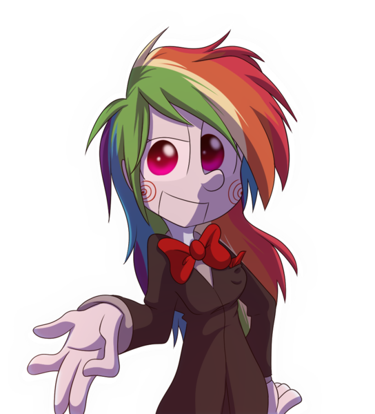 Size: 976x1076 | Tagged: safe, artist:fj-c, derpibooru import, rainbow dash, equestria girls, clothes, costume, halloween, halloween costume, holiday, jigsaw, looking at you, saw (movie), simple background, solo, transparent background