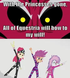 Size: 500x561 | Tagged: safe, derpibooru import, apple bloom, lord tirek, scootaloo, sweetie belle, equestria girls, rainbow rocks, twilight's kingdom, caption, comic, cutie mark crusaders, cutie mark crusaders song, exploitable meme, image macro, meme, text, this will end in tears and/or death and/or covered in tree sap, tirek is doomed, tirek vs everyone meme