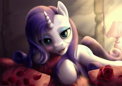 Size: 2631x1860 | Tagged: safe, alternate version, artist:bluespaceling, derpibooru import, rarity, pony, unicorn, beautiful, bed, bedroom eyes, detailed, female, flower, mare, pillow, rarity's bedroom, realistic, rose, rose petals