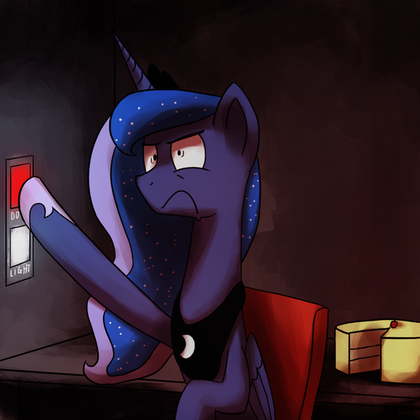 Size: 1200x1200 | Tagged: safe, artist:anticular, derpibooru import, princess luna, alicorn, pony, ask sunshine and moonbeams, cake, female, five nights at freddy's, food, frown, mare, nope, peytral, solo, tumblr