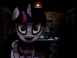 Size: 2048x1536 | Tagged: grimdark, artist:birdivizer, derpibooru import, twilight sparkle, twilight sparkle (alicorn), alicorn, pony, creepy, female, five nights at freddy's, looking at you, mare, open mouth, smiling, solo