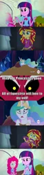 Size: 500x1955 | Tagged: safe, derpibooru import, lord tirek, pinkie pie, princess celestia, sunset shimmer, twilight sparkle, twilight sparkle (alicorn), alicorn, equestria girls, rainbow rocks, caption, celestia's nightmare, exploitable meme, image macro, meme, memeception, pinkie sticks her face into the portal meme, portal, sunset screamer, text, tirek vs everyone meme