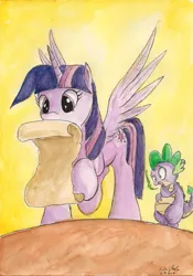 Size: 1629x2322 | Tagged: safe, artist:souleatersaku90, derpibooru import, spike, twilight sparkle, twilight sparkle (alicorn), alicorn, pony, female, mare, traditional art