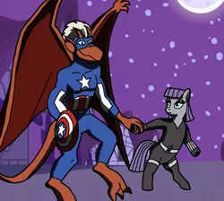 Size: 1901x1700 | Tagged: artist:flyingbrickanimation, artist:thehappyspaceman, black widow (marvel), brooklyn, captain america, collaboration, crossover, crossover shipping, derpibooru import, female, gargoyles, halloween, holiday, male, maudlyn, maud pie, nightmare night, safe, shipping, straight, the avengers