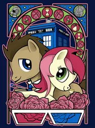 Size: 840x1125 | Tagged: safe, artist:christadoodles, derpibooru import, doctor whooves, roseluck, time turner, breezie, cyberman, it ain't easy being breezies, 3d glasses, doctor who, doctorrose, female, flower, male, necktie, rose, shipping, statue, straight, tardis, weeping angel