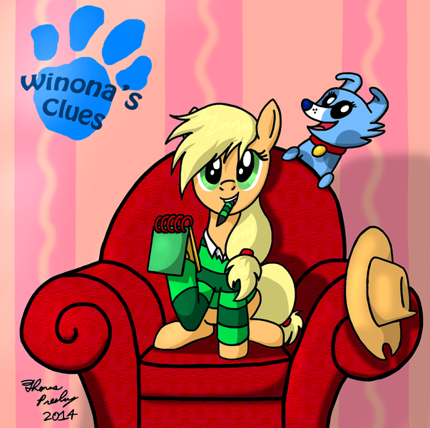 Size: 1270x1263 | Tagged: applejack, artist:meganekkoplymouth241, blue's clues, couch, crossover, derpibooru import, handy-dandy notebook, parody, safe, thinking chair, winona