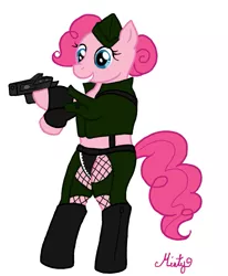 Size: 931x1130 | Tagged: safe, artist:dippywerewolf, derpibooru import, pinkie pie, pony, amber (sucker punch), bipedal, crossover, gun, solo, sucker punch, weapon