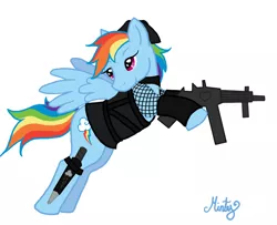 Size: 1230x997 | Tagged: artist:dippywerewolf, clothes, crossover, derpibooru import, gun, rainbow dash, rocket (sucker punch), safe, solo, sucker punch, weapon