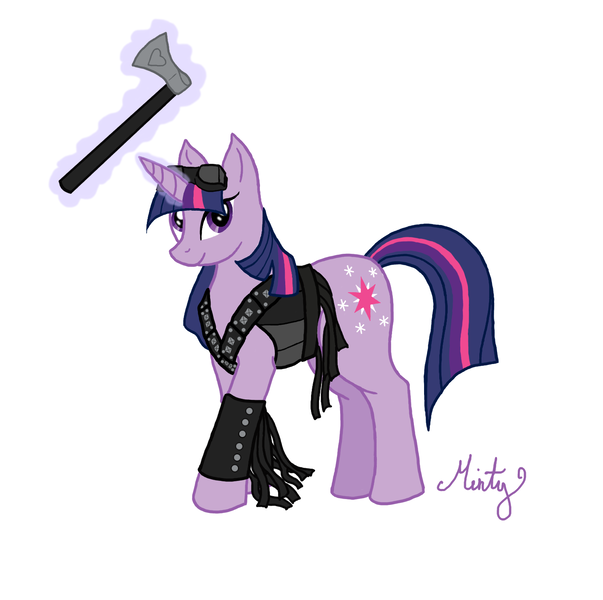 Size: 1429x1421 | Tagged: artist:dippywerewolf, axe, blondie (sucker punch), clothes, crossover, derpibooru import, magic, safe, solo, sucker punch, twilight sparkle, weapon