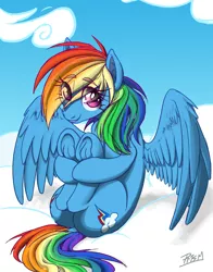 Size: 1998x2548 | Tagged: safe, artist:prismspark, derpibooru import, rainbow dash, both cutie marks, butt, cute, dashabetes, dock, frog (hoof), grin, holding legs, hoofbutt, legs in air, looking at you, plot, sitting, smiling, solo, spread wings, underhoof, wings