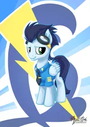 Size: 955x1351 | Tagged: artist:mysticalpha, clothes, derpibooru import, goggles, necktie, safe, shirt, smiling, smirk, soarin', solo, uniform, wonderbolts dress uniform