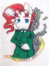 Size: 720x960 | Tagged: safe, artist:wafflemilu, derpibooru import, ponified, earth pony, pony, jojo's bizarre adventure, lined paper, noriaki kakyoin, solo, traditional art