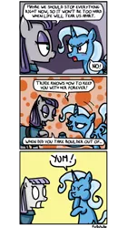 Size: 500x896 | Tagged: safe, artist:foudubulbe, derpibooru import, boulder (pet), maud pie, trixie, pony, unicorn, comic:damp rocks, blushing, comic, female, glare, grin, horrified, lesbian, mare, mauxie, nom, now you fucked up, open mouth, puffy cheeks, shipping, shocked, smiling, smirk, this will end in death, this will end in tears, this will end in tears and/or death, wide eyes, yandere, you dun goofed