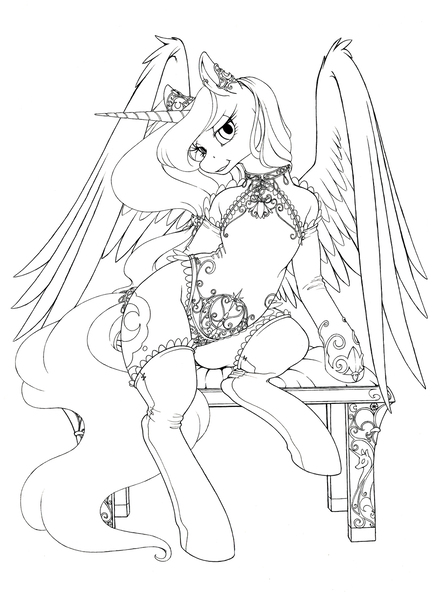 Size: 906x1227 | Tagged: alicorn, artist:longinius, bedroom eyes, clothes, derpibooru import, female, grayscale, grin, lingerie, looking at you, monochrome, princess luna, raised leg, semi-anthro, series:rarity's secret, sitting, smiling, socks, solo, solo female, spread wings, suggestive, thigh highs, wings, wip