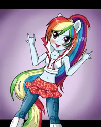 Size: 1991x2500 | Tagged: safe, artist:nekojackun, derpibooru import, rainbow dash, equestria girls, rainbow rocks, belly button, devil horn (gesture), looking at you, metal horns, midriff, solo