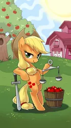 Size: 300x540 | Tagged: safe, artist:kairean, derpibooru import, applejack, earth pony, pony, apple, barn, female, food, freckles, grass, hat, justice, justitia, lady justice (goddess), mare, scales, scales of justice, sky, smiling, solo, sun, sword, tarot card, tree, weapon