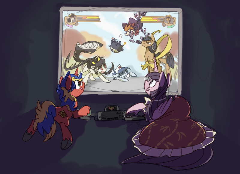 Size: 1071x778 | Tagged: safe, artist:modern-warmare, derpibooru import, oc, ponified, pony, eliza, filia, houraisan kaguya, peacock (skullgirls), skullgirls, touhou, valentine (skullgirls), video game