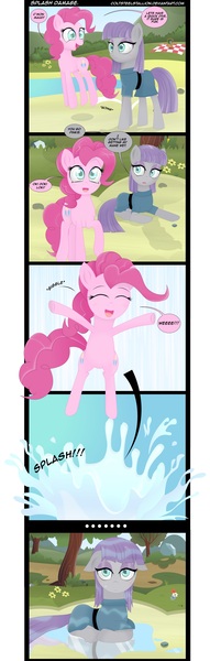 Size: 1300x4075 | Tagged: artist:coltsteelstallion, basket, boulder (pet), comic, creeper, derpibooru import, lake, maud pie, minecraft, picnic basket, picnic blanket, pinkie pie, pronking, safe, smarty pants, tom, tower of pimps, water, wet, wet mane