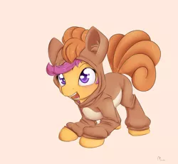 Size: 1350x1250 | Tagged: safe, artist:alasou, deleted from derpibooru, derpibooru import, scootaloo, vulpix, clothes, costume, crossover, crouching, cute, cutealoo, open mouth, pokémon, solo, tongue out