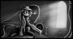 Size: 8640x4652 | Tagged: absurd resolution, applejack, artist:auroriia, derpibooru import, firefly (insect), floppy ears, grayscale, insect, monochrome, safe, sitting, solo