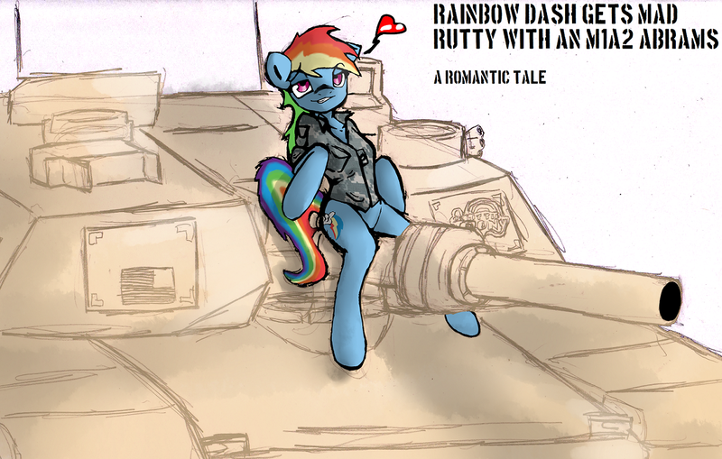 Size: 1238x788 | Tagged: artist:magello, cargo ship, color, derpibooru import, m1 abrams, military, pinup, rainbow dash, shipping, solo, suggestive, tank (vehicle), text