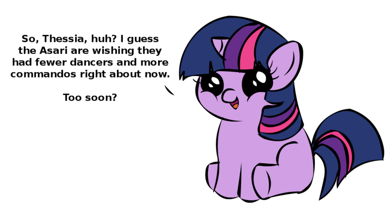 Size: 1194x668 | Tagged: alien, asari, derpibooru import, exploitable meme, female, filly, filly twilight sparkle, filly twilight telling an offensive joke, jeff "joker" moreau, mass effect, mass effect 3, meme, obligatory pony, safe, thessia, twilight sparkle, younger