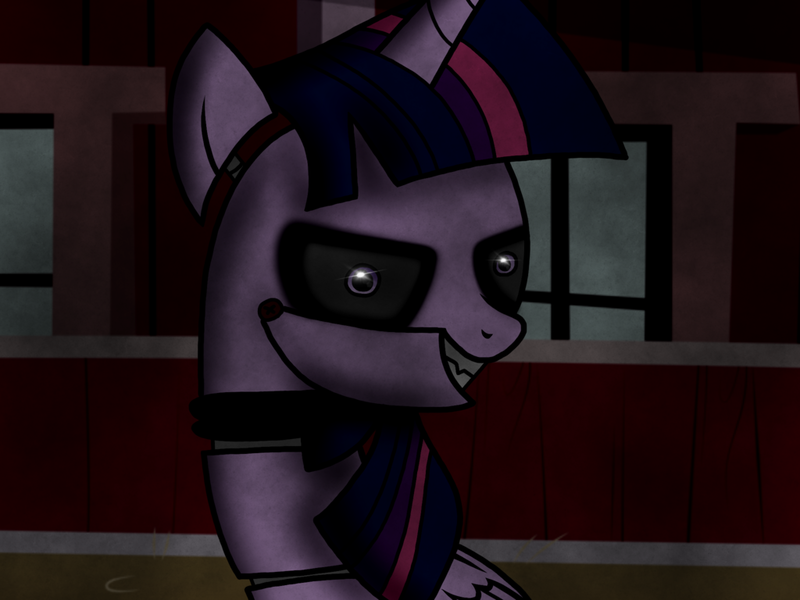 Size: 1024x768 | Tagged: safe, artist:birdivizer, derpibooru import, twilight sparkle, twilight sparkle (alicorn), alicorn, pony, robot, five nights at aj's, animatronic, creepy, female, five nights at freddy's, mare, security officer, solo, watching