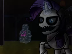 Size: 1024x768 | Tagged: animatronic, artist:birdivizer, creepy, cupcake, derpibooru import, five nights at aj's, five nights at freddy's, food, magic, rarity, robot, safe, security officer, solo, watching