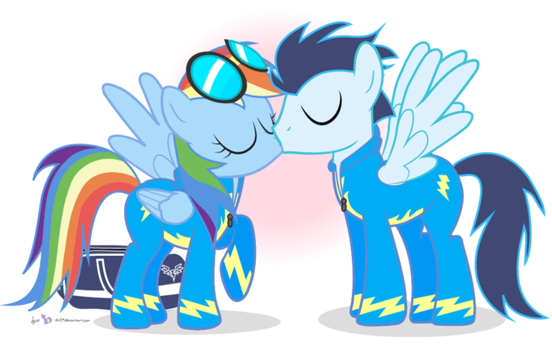 Size: 960x600 | Tagged: safe, artist:dm29, derpibooru import, rainbow dash, soarin', bag, clothes, cute, eyes closed, female, goggles, kissing, male, raised leg, shipping, simple background, soarindash, spread wings, straight, transparent background, uniform, wingboner, wings, wonderbolts, wonderbolts uniform