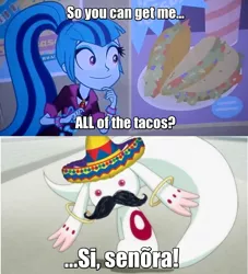 Size: 1004x1105 | Tagged: safe, derpibooru import, sonata dusk, equestria girls, rainbow rocks, crossover, facial hair, food, incubator (species), kyubey, mexico, moustache, puella magi madoka magica, senor kyubey, sombrero, sonataco, spanish, taco, taco tuesday, this will end in a contract, this will end in death, this will end in tears, this will end in tears and/or death, why